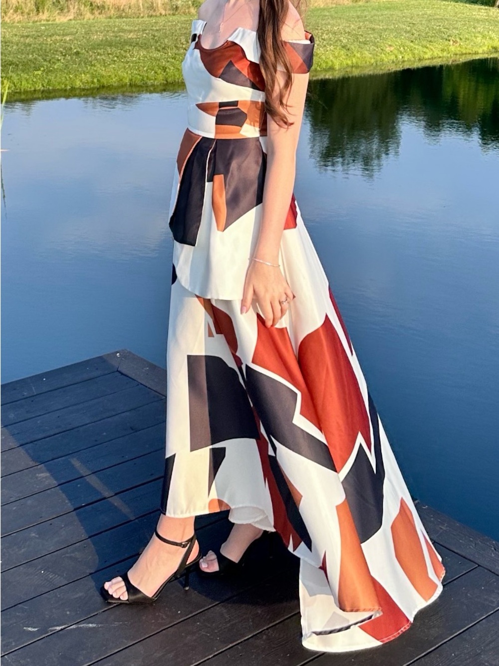 Asymmetrical Abstract Print Maxi Dress in Rust, Black & White